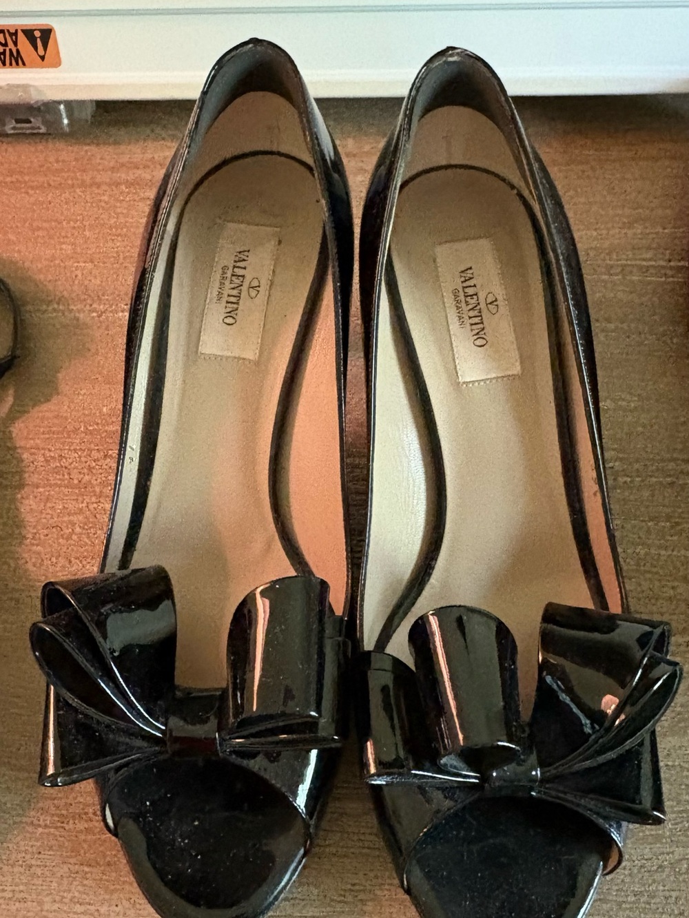 Valentino Black Patent Leather Bow Peep-Toe Heels, 39.5